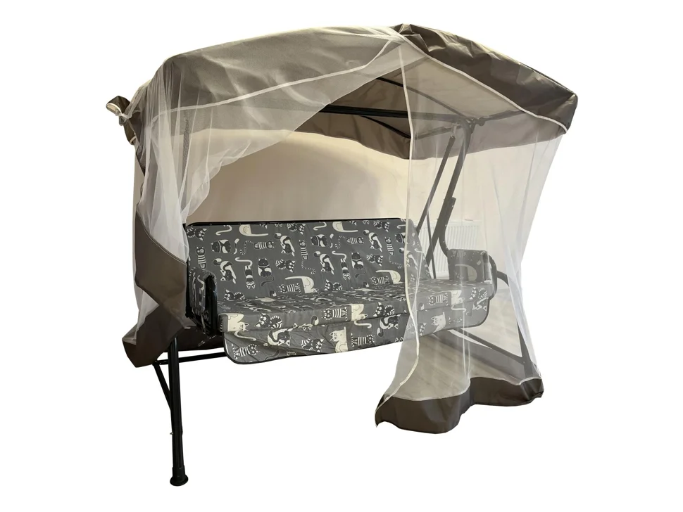 Качели садовые 3-х местные Ирис с москитной сеткой (каркас серый, м/э серый рис.кошки)