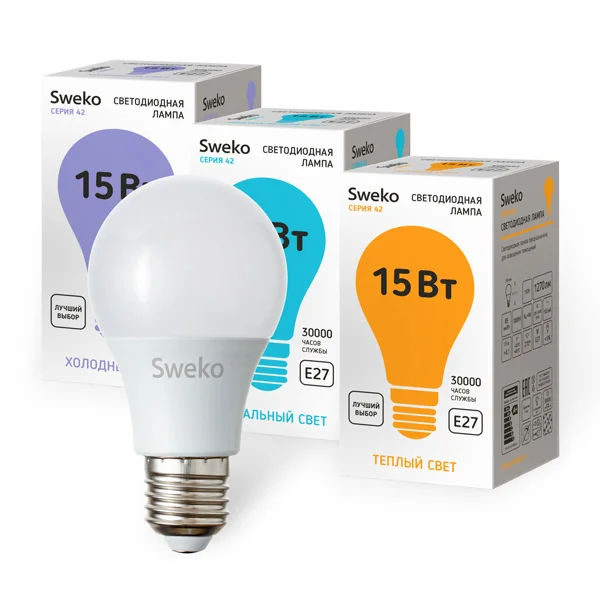 Лампа светодиодная 15Вт E27 220В 6500K 1430Лм (холодный) Шар (A60) Sweko 42 серия 42LED-A60-15W-230-6500K-E27-P