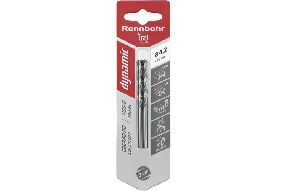 Сверло по металлу 04,2х75 мм RENNBOHR DYNAMIC CARD, HSS-G, Р6М5 (2 шт./уп) фрез