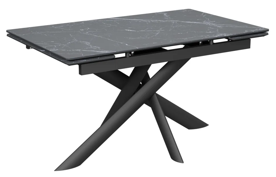 Стол Итали-1С 140х85 (+30+30) (царга Черный/МДФ+PVC Черный/Black marble) + Нога №115Е(черный)