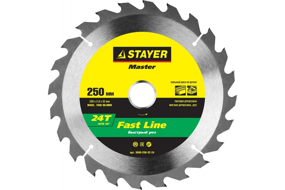 Диск пильный по дереву 250х32мм, 24Т, STAYER MASTER "FAST-Line"