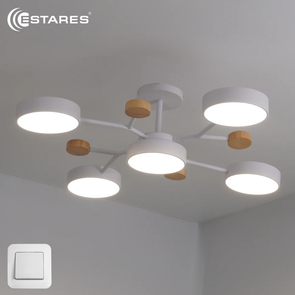 Люстра светодиодная управляемая LEVITA 75W 5R-ON/OFF-750x195-WHITE/WOOD/WHITE-220-IP20