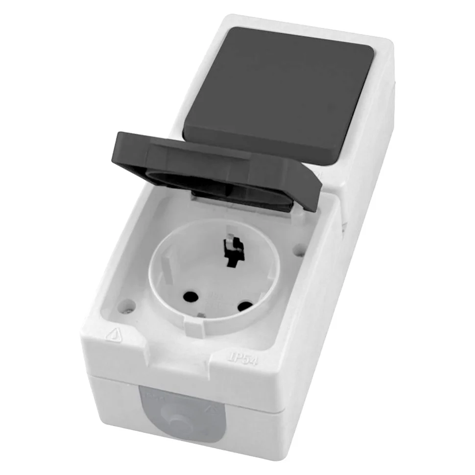 Блок вертикальный ОП, розетка 1мест с/з, 250В, 16А+выкл 1клав 250В, 10А, IP54, серый/графит PST16-21-54/10-211-54 Велена STEKKER