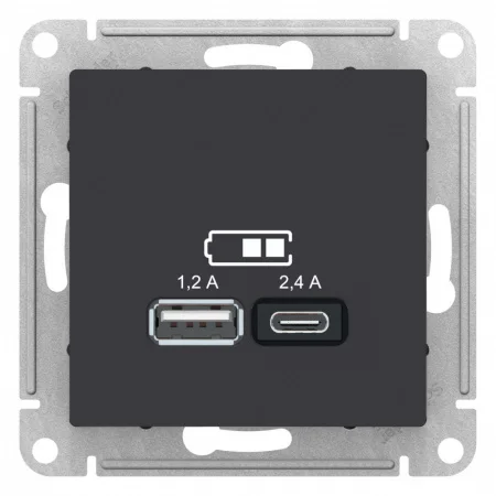 Механизм розетки USB AtlasDesign A+С 5В/2.4А 2х5В/1.2А карбон Schneider Electric ATN001039